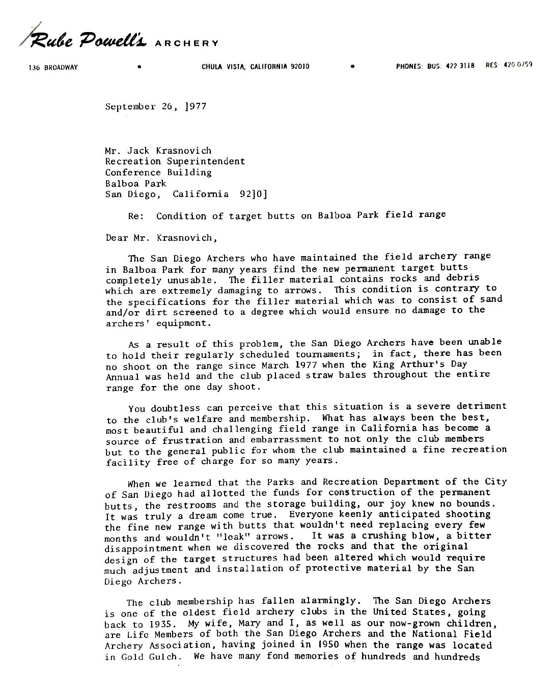 1977 Rube Powell letter