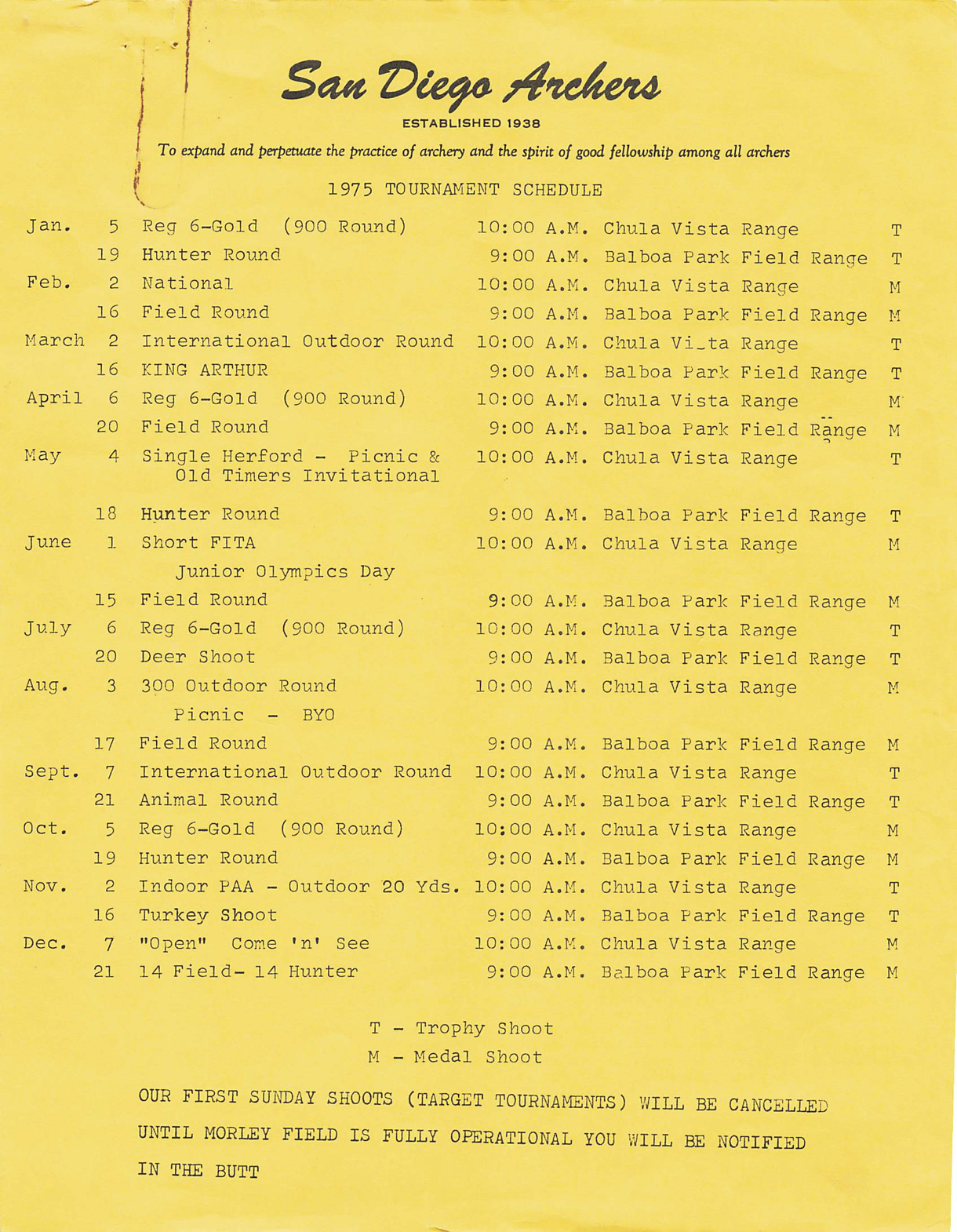 SDA 1975 Tournament Schedule