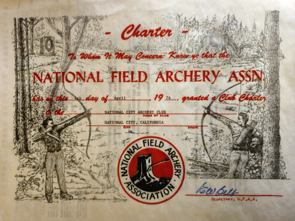 1974 NFAA Certificate For The National City Archery Club